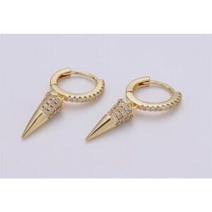 14K Gold Plated Over 925 Silver Hoop Dangle Gold Spiked Pave Earrings